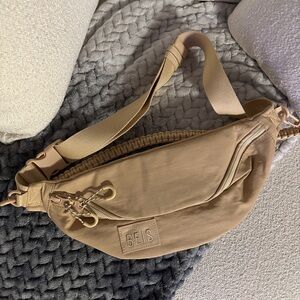 Beis Beige Leather Crossbody Bag with Ruched Detailing and Cinch Closure